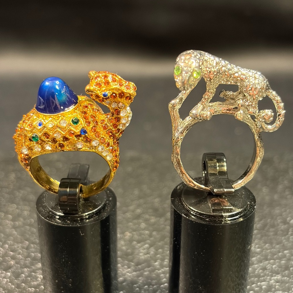 Vintage Figural Rhinestone Camel and Leopard Cocktail Rings Set Size 7-7.25
